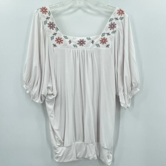La Rok Women's White Boho Blouse, Sz. L, Embroidered Beaded Square Neck Viscose - Picture 3 of 6